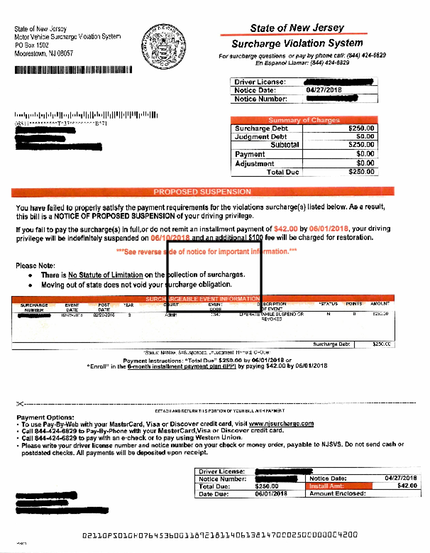 NJ DMV Surcharge Notice of Suspension Notice